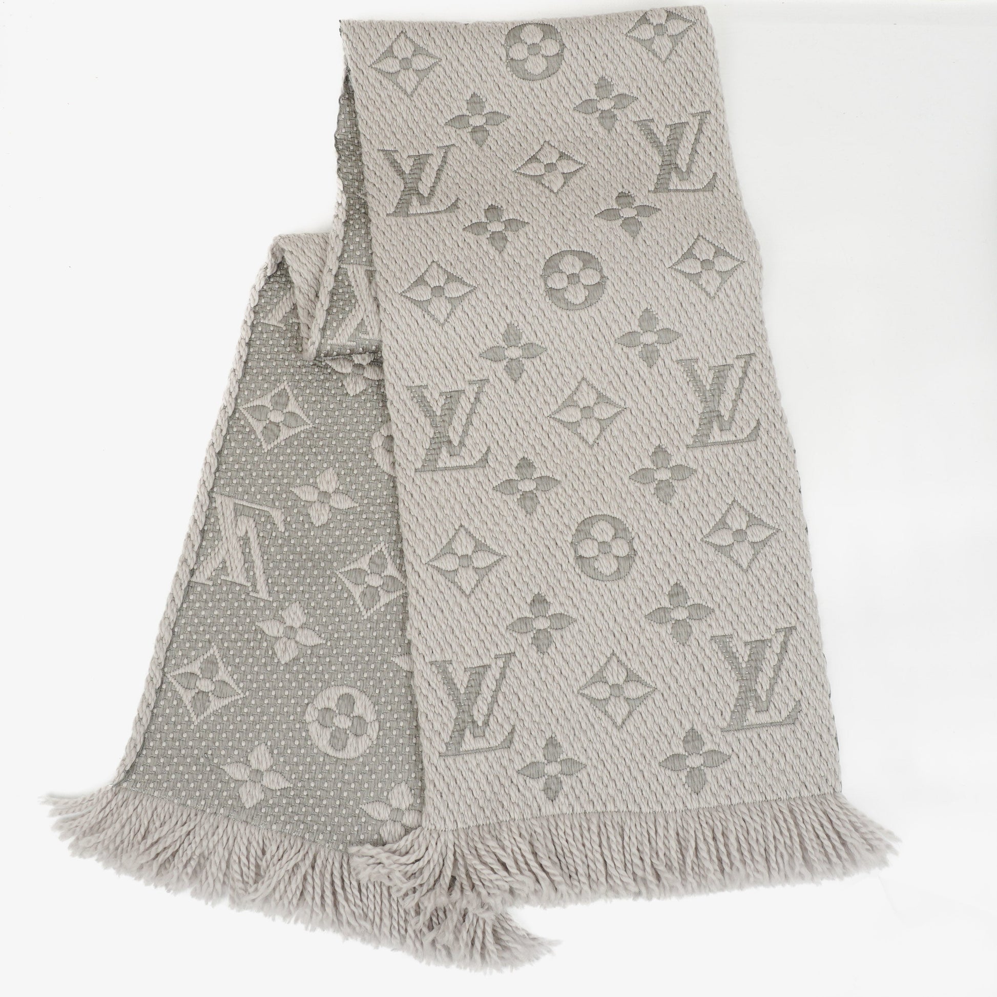 Louis Vuitton Wool Silk Logomania Scarf in Pearl Grey