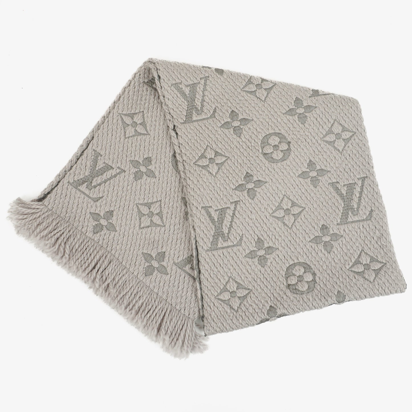Louis Vuitton Wool Silk Logomania Scarf in Pearl Grey
