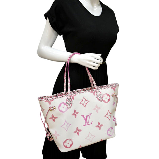 LOUIS VUITTON Giant Rose Neverfull MM Monogram Canvas Shoulder Bag White
