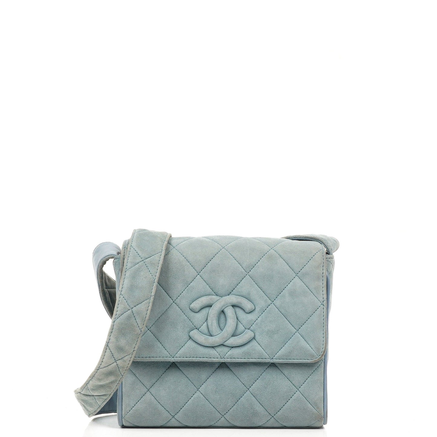 Chanel Small CC Flap Crossbody Bag In Light Blue Quilted Suede
