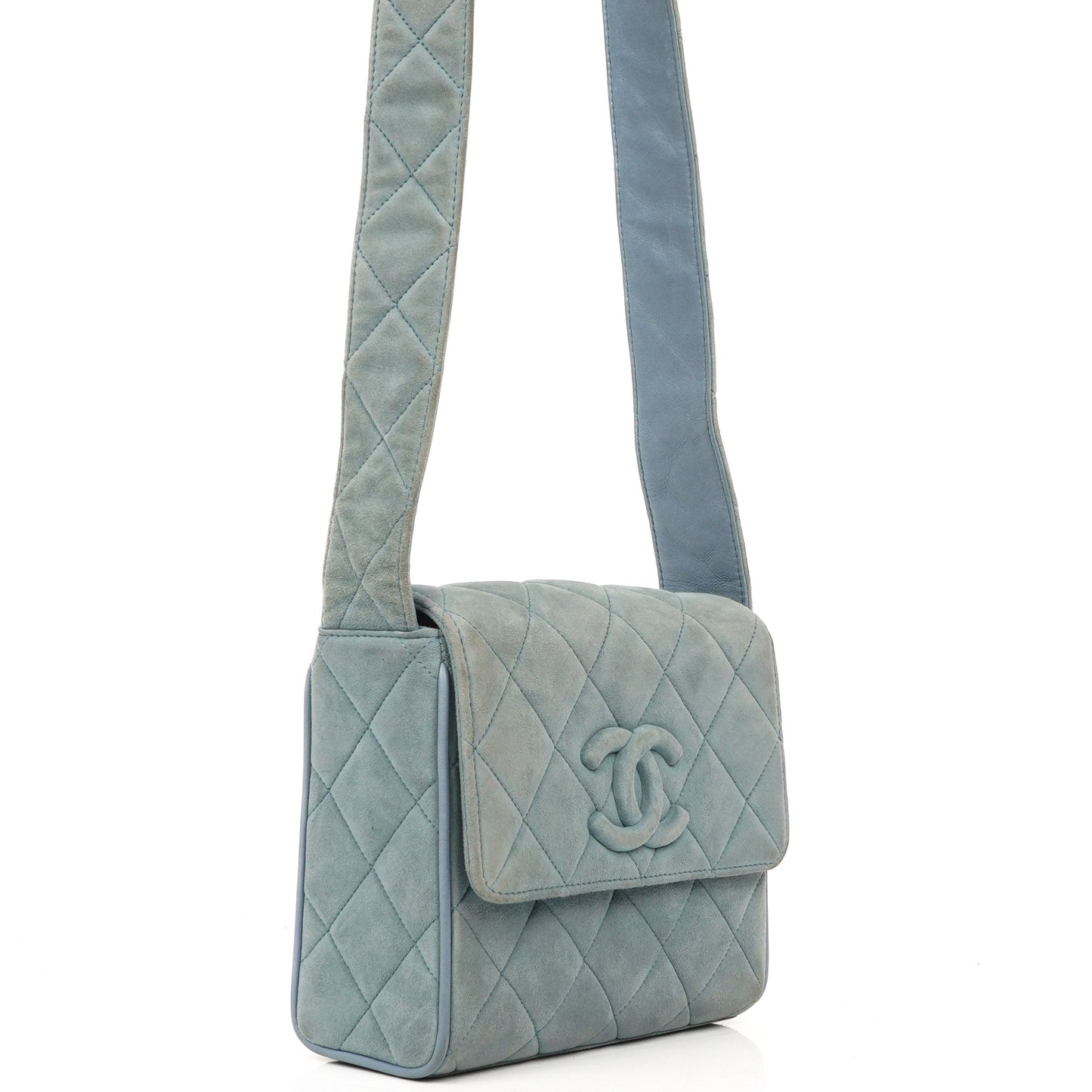 Chanel Small CC Flap Crossbody Bag In Light Blue Quilted Suede