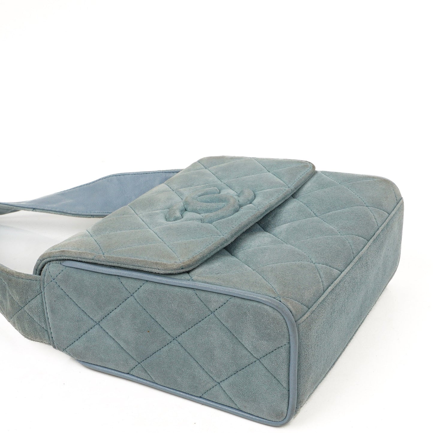 Chanel Small CC Flap Crossbody Bag In Light Blue Quilted Suede
