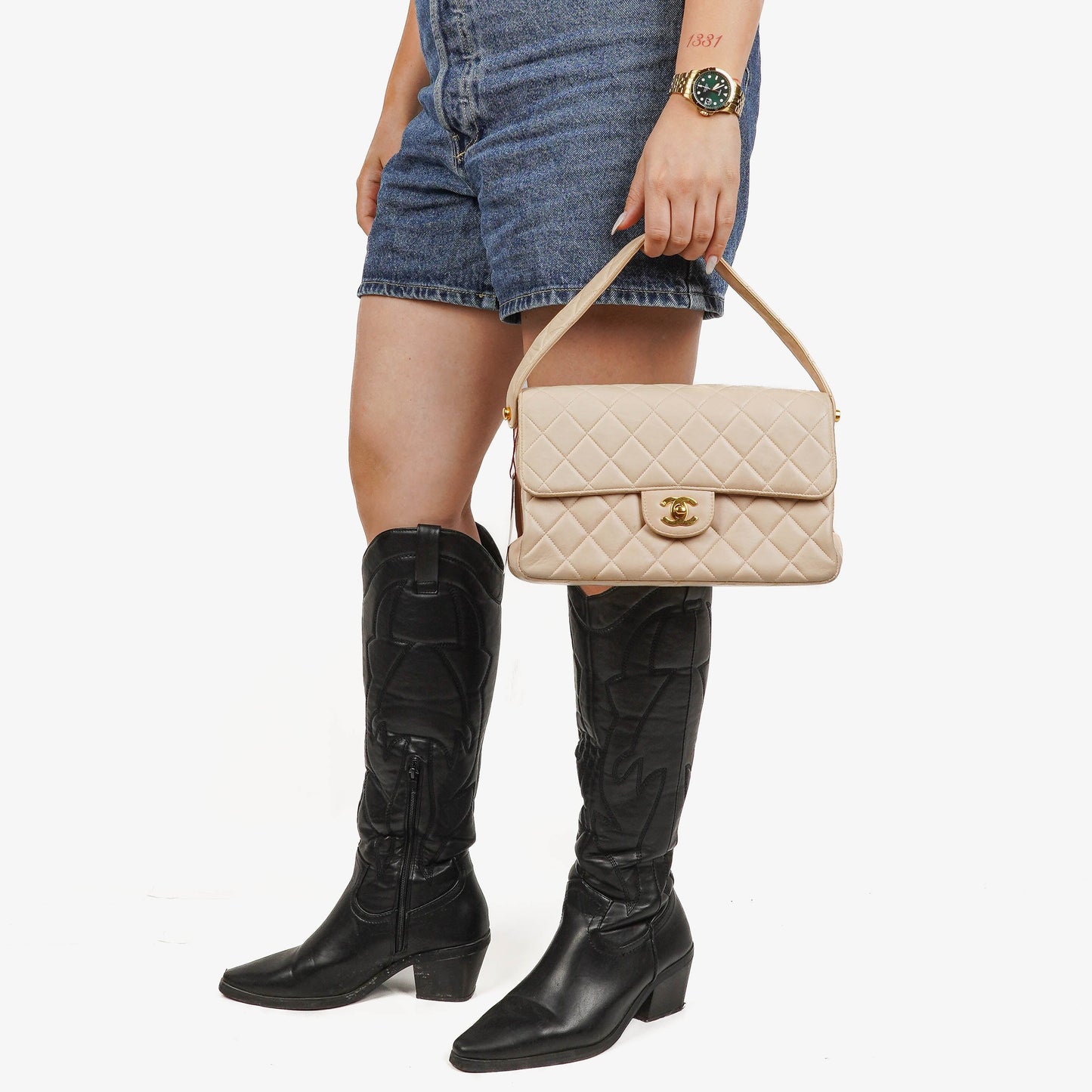 Chanel Double-Sided Flap Bag Beige Leather 24k Gold-Plated Hardware