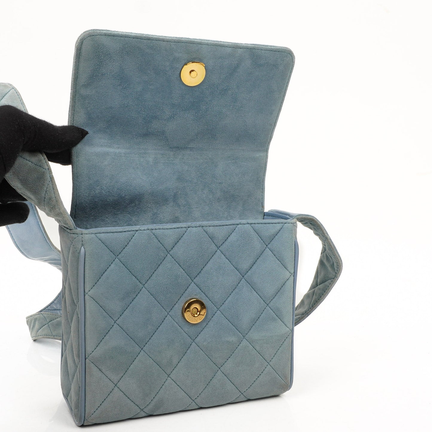 Chanel Small CC Flap Crossbody Bag In Light Blue Quilted Suede