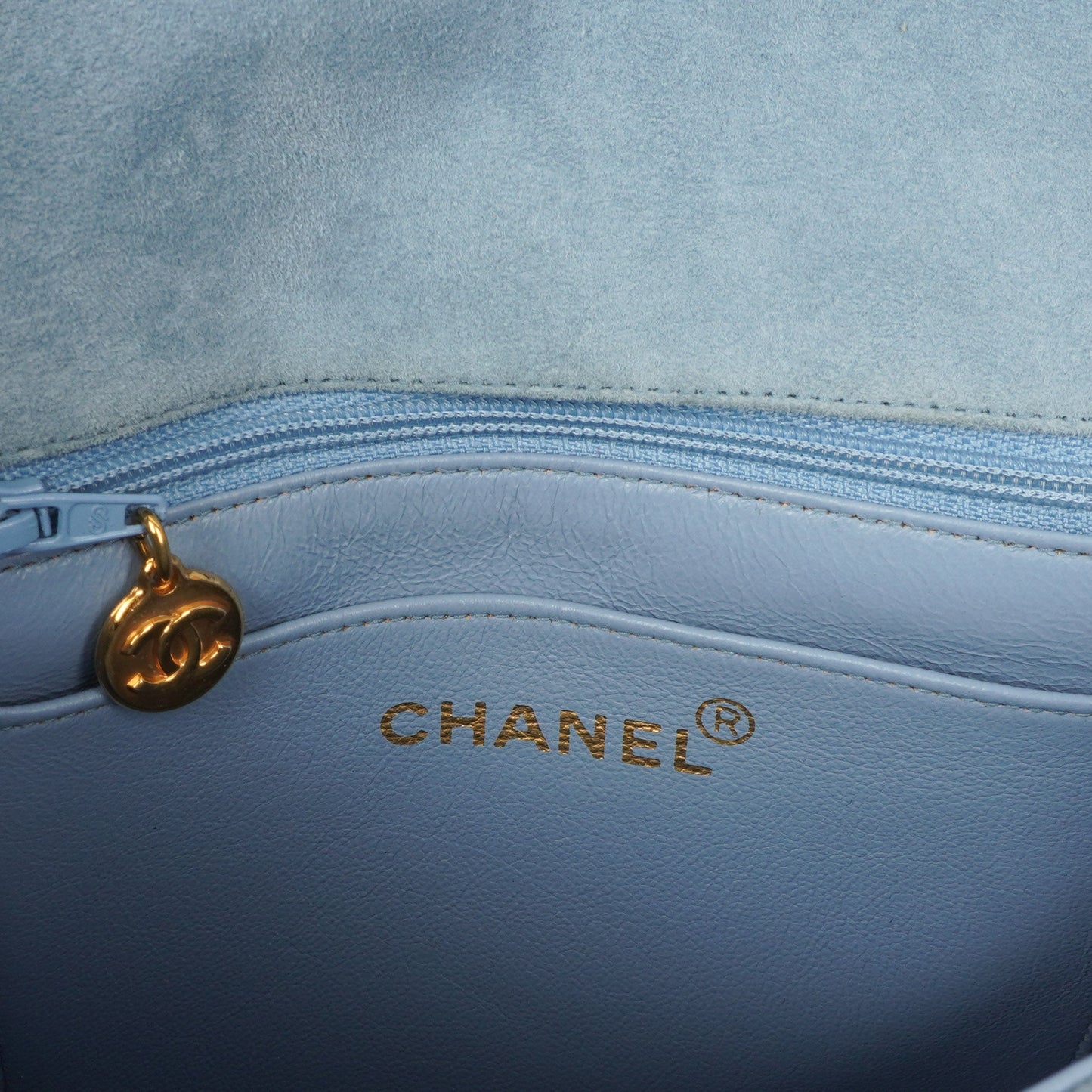 Chanel Small CC Flap Crossbody Bag In Light Blue Quilted Suede