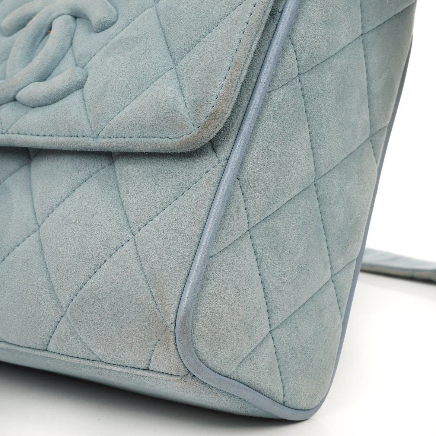 Chanel Small CC Flap Crossbody Bag In Light Blue Quilted Suede