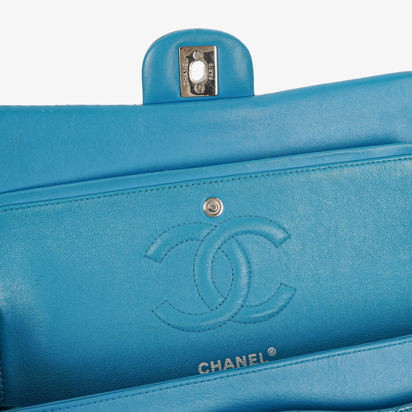 Chanel Medium Clasic Double Flap Blue Patent Quilted Leather With Silver-tone Hardware
