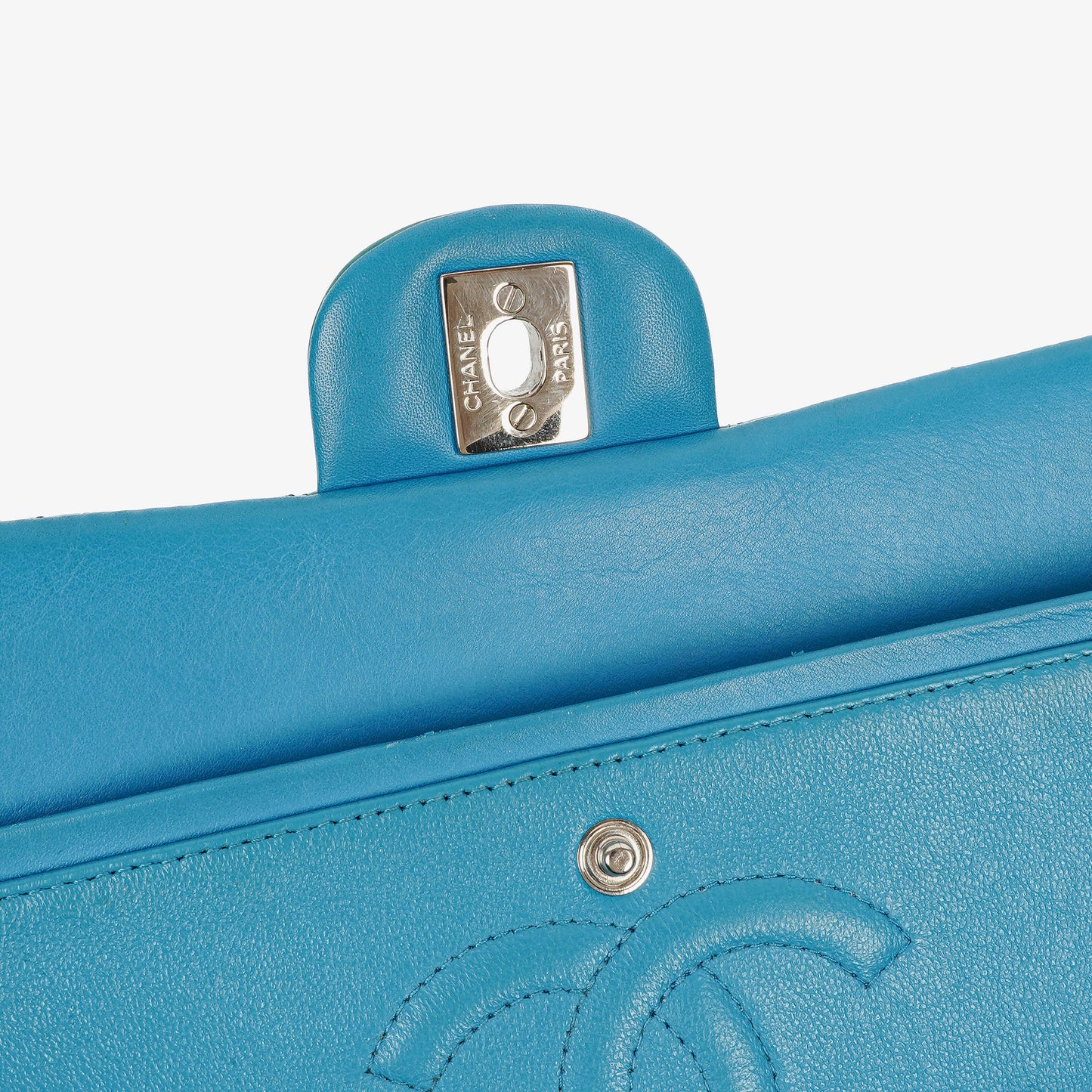 Chanel Medium Clasic Double Flap Blue Patent Quilted Leather With Silver-tone Hardware