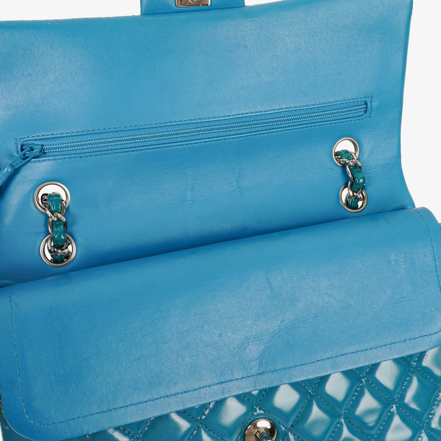 Chanel Medium Clasic Double Flap Blue Patent Quilted Leather With Silver-tone Hardware
