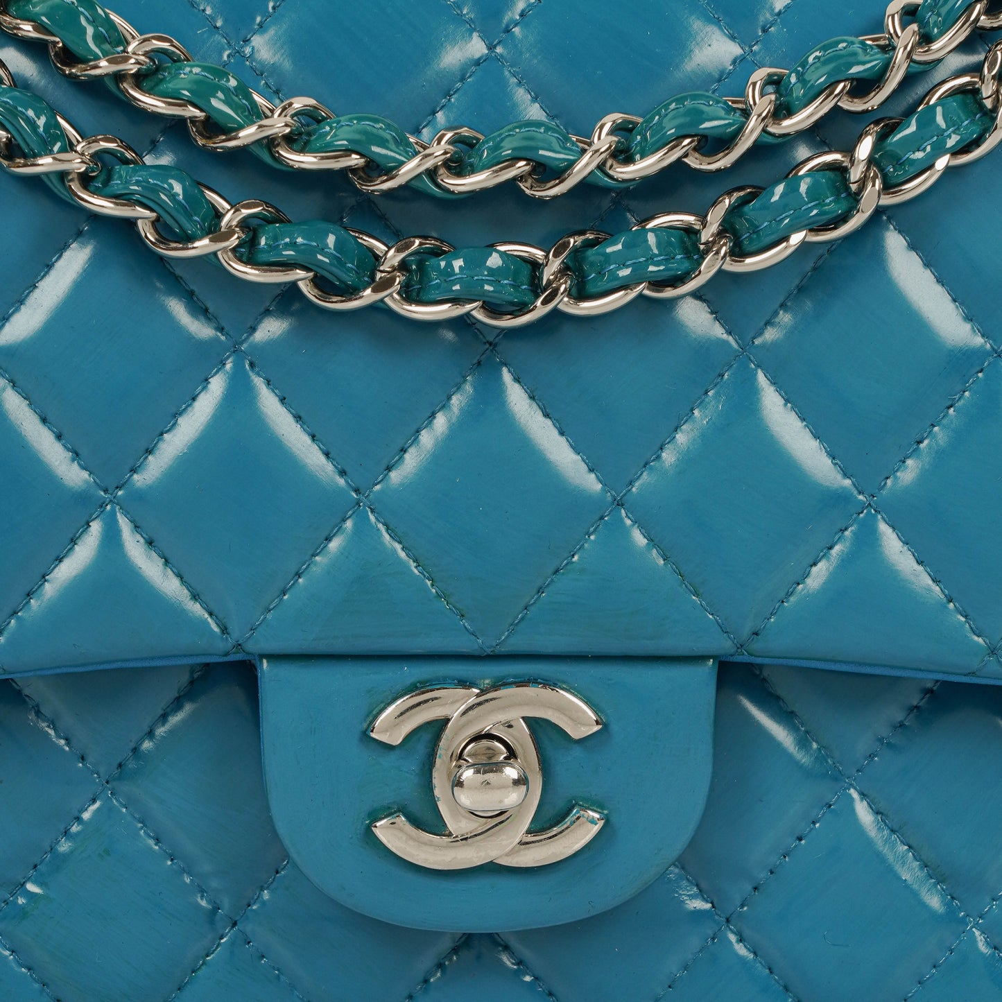 Chanel Medium Clasic Double Flap Blue Patent Quilted Leather With Silver-tone Hardware