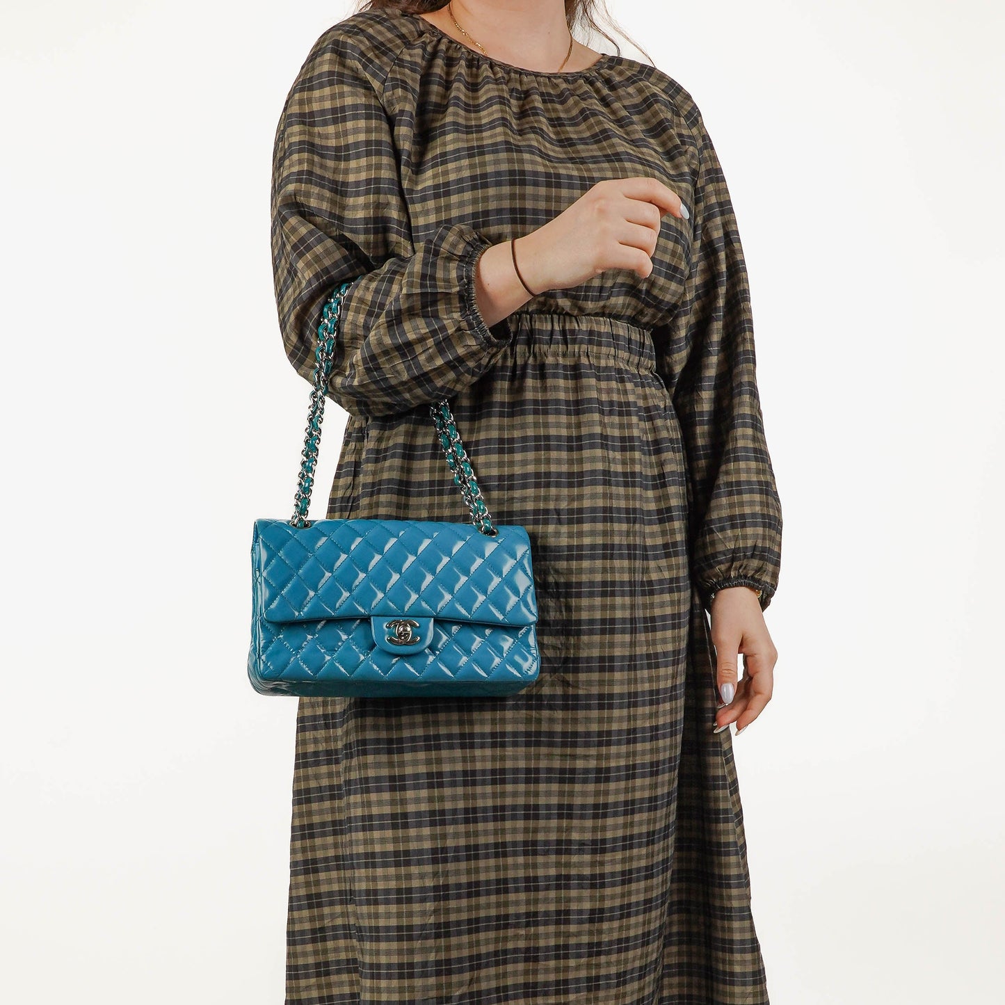 Chanel Medium Clasic Double Flap Blue Patent Quilted Leather With Silver-tone Hardware