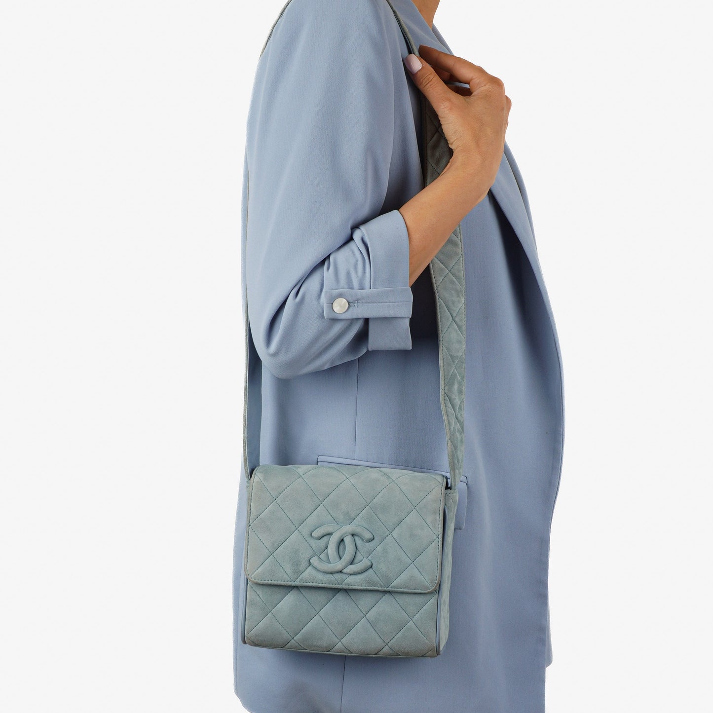 Chanel Small CC Flap Crossbody Bag In Light Blue Quilted Suede