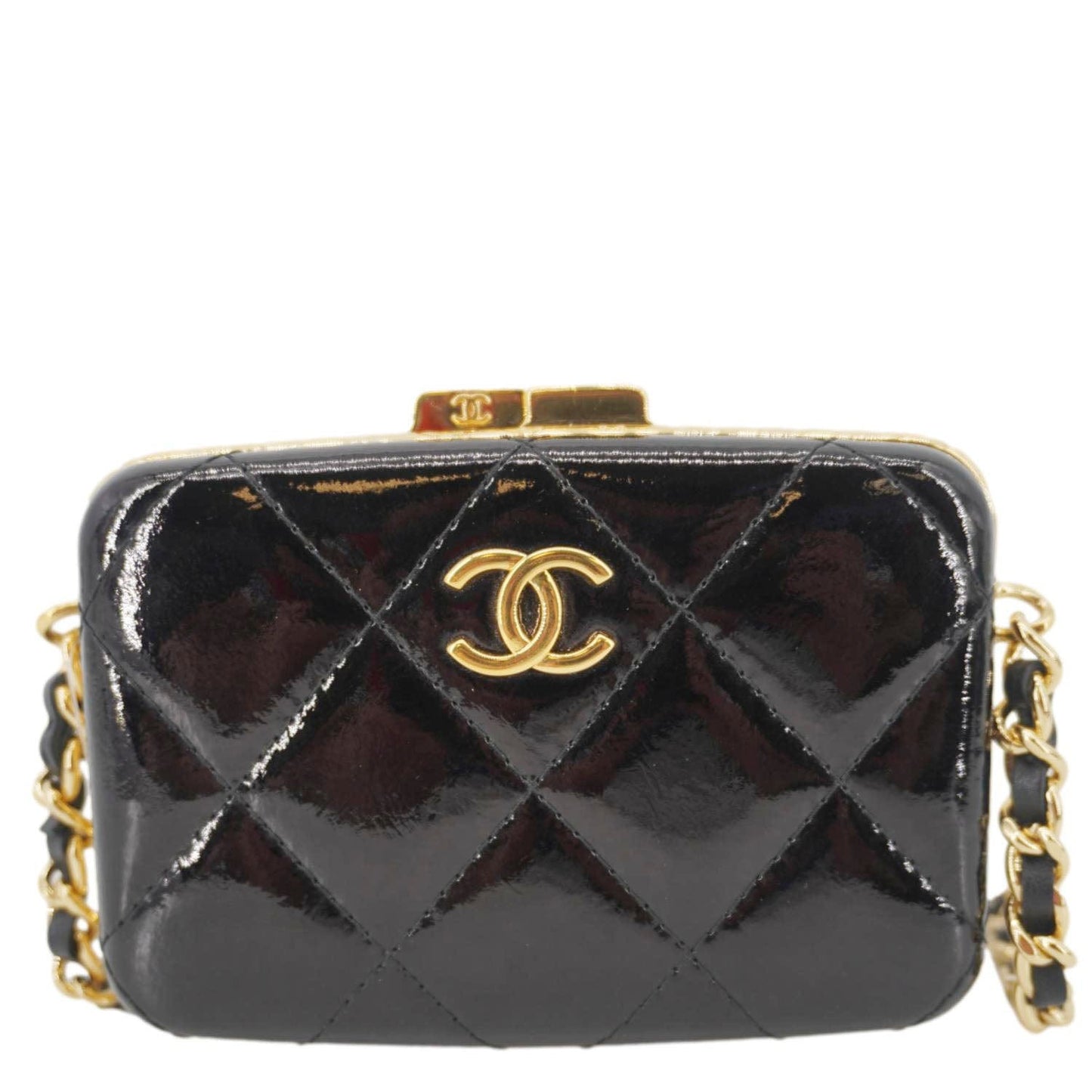 CHANEL Framed Box Mini Quilted Patent Leather Chain Clutch Bag Black