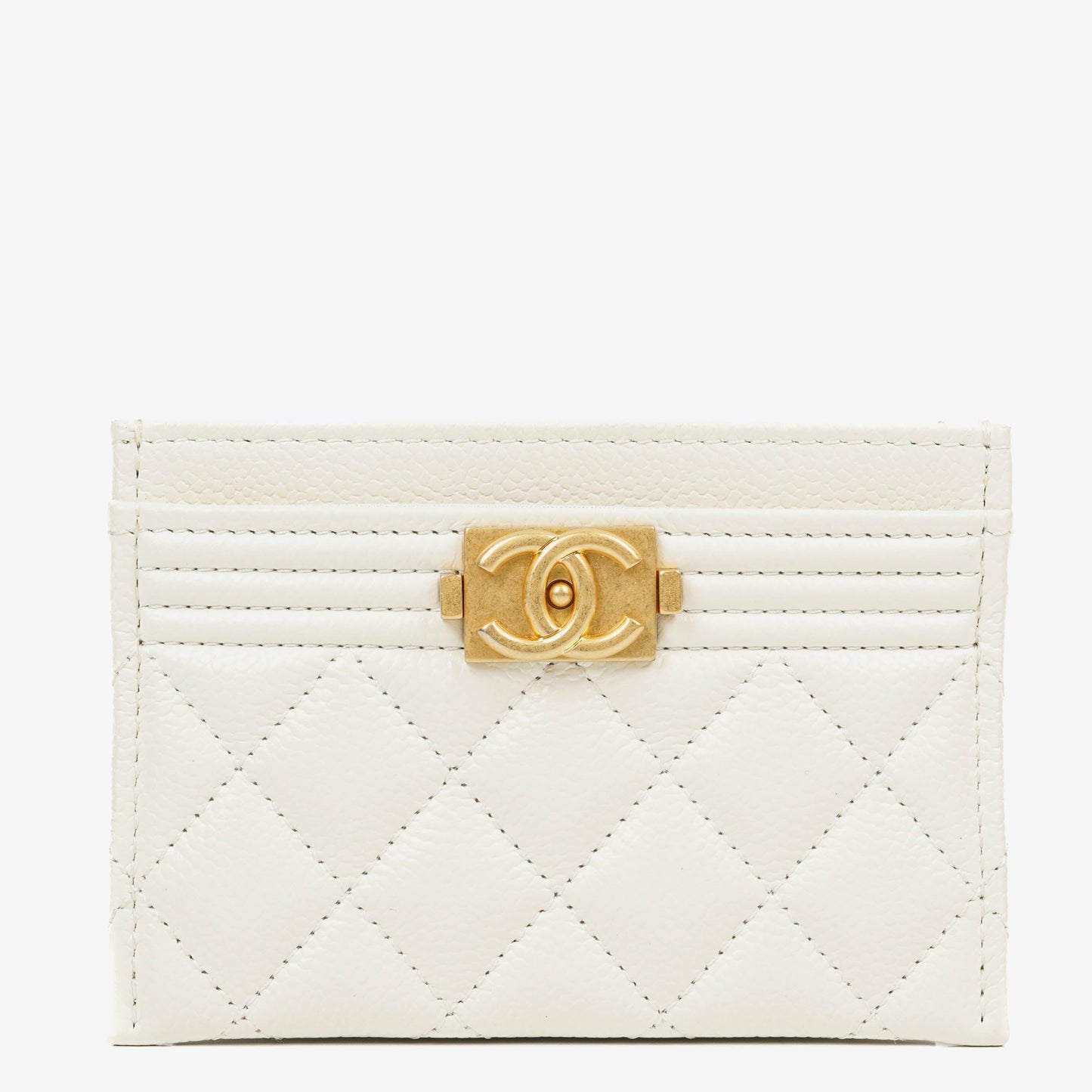 Chanel Boy White Caviar Quilted Card Holder