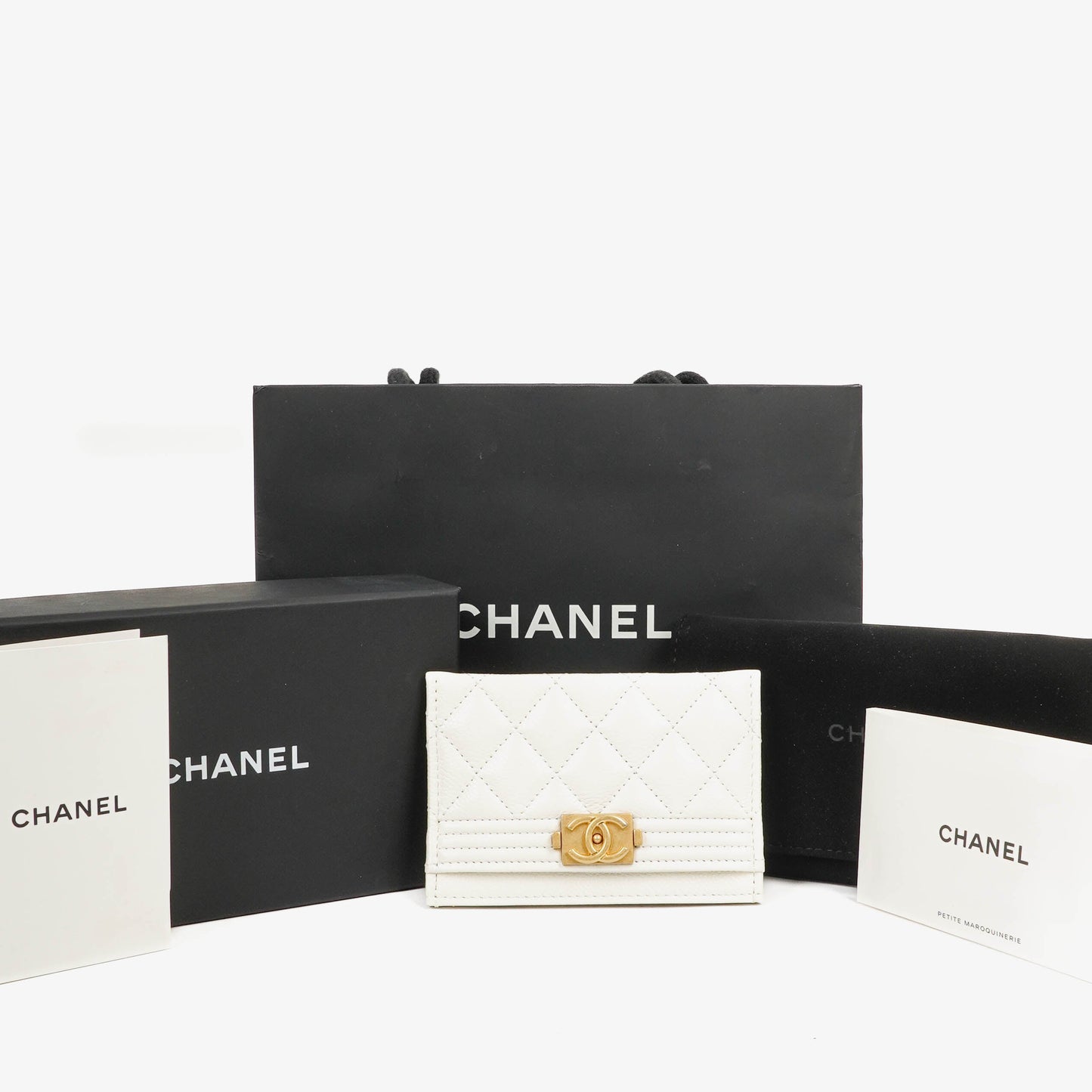 Chanel Boy White Caviar Quilted Card Holder