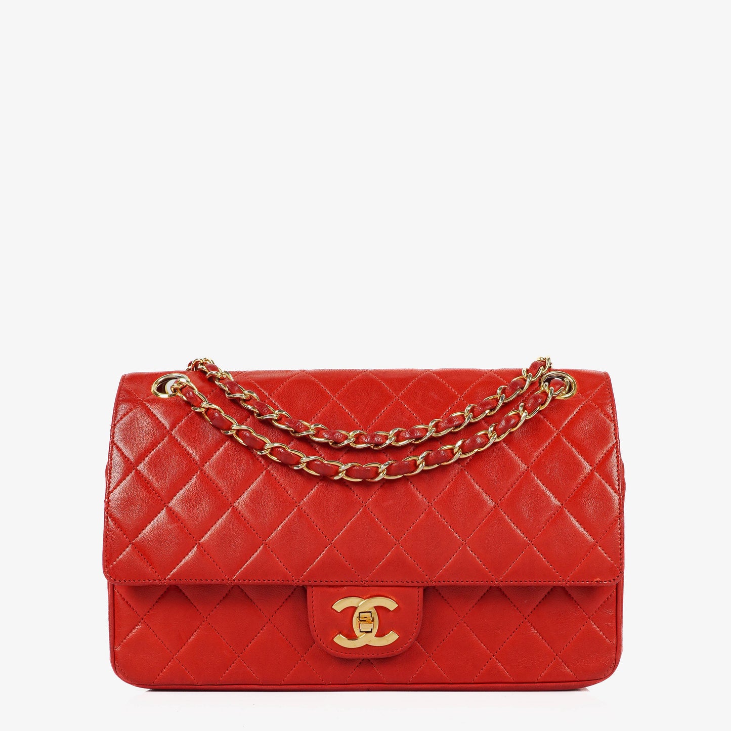 Chanel  Classic Medium Double Flap Bag in Quilted Red Lambskin with 24-karat Gold-Plated Hardware