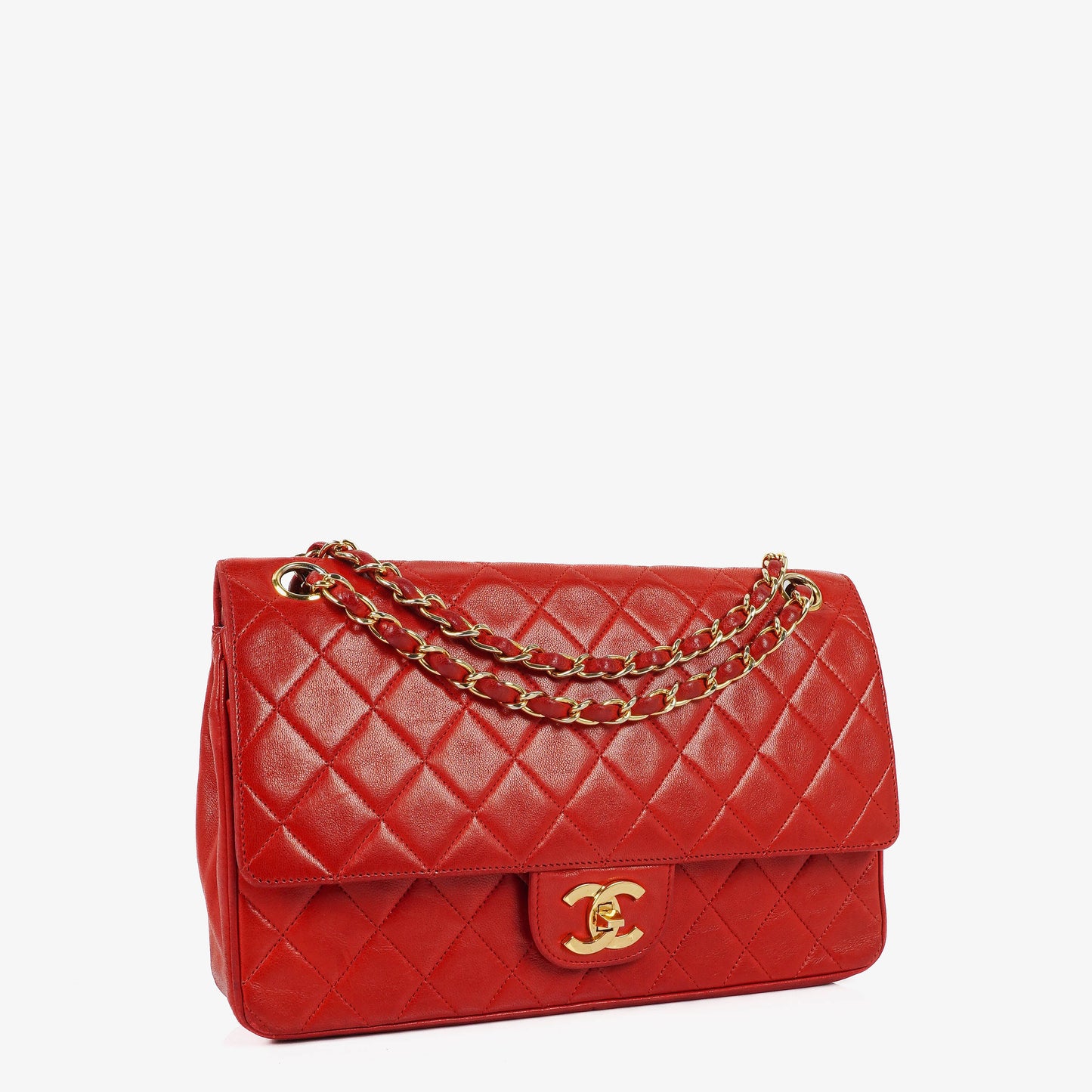 Chanel  Classic Medium Double Flap Bag in Quilted Red Lambskin with 24-karat Gold-Plated Hardware