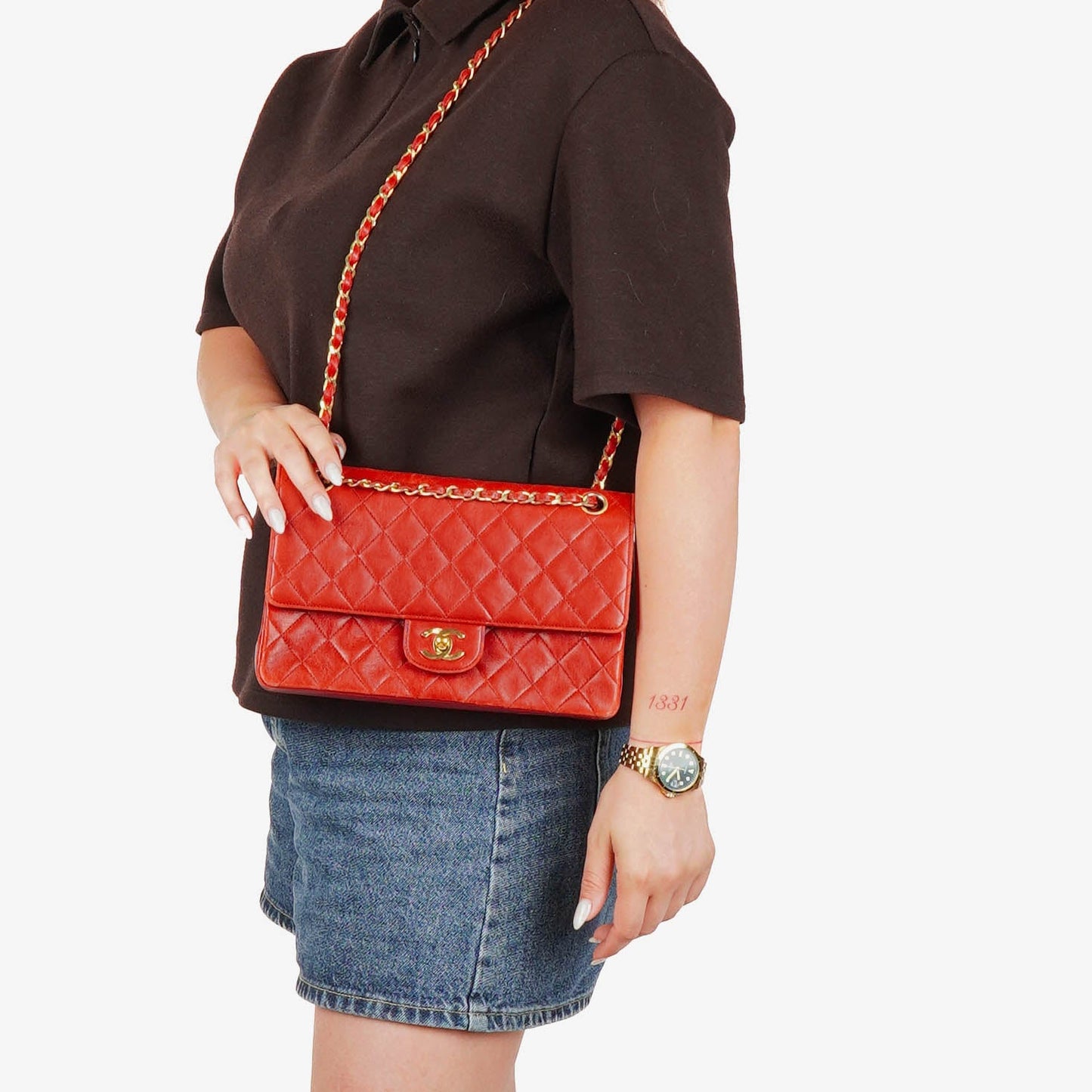 Chanel  Classic Double Flap Bag in Quilted Red Lambskin with 24K Gold-Plated Hardware