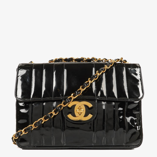 Chanel Jumbo CC Vertical Black Quilted Patent Leather Flap Bag 24K Gold-Plated Hardware