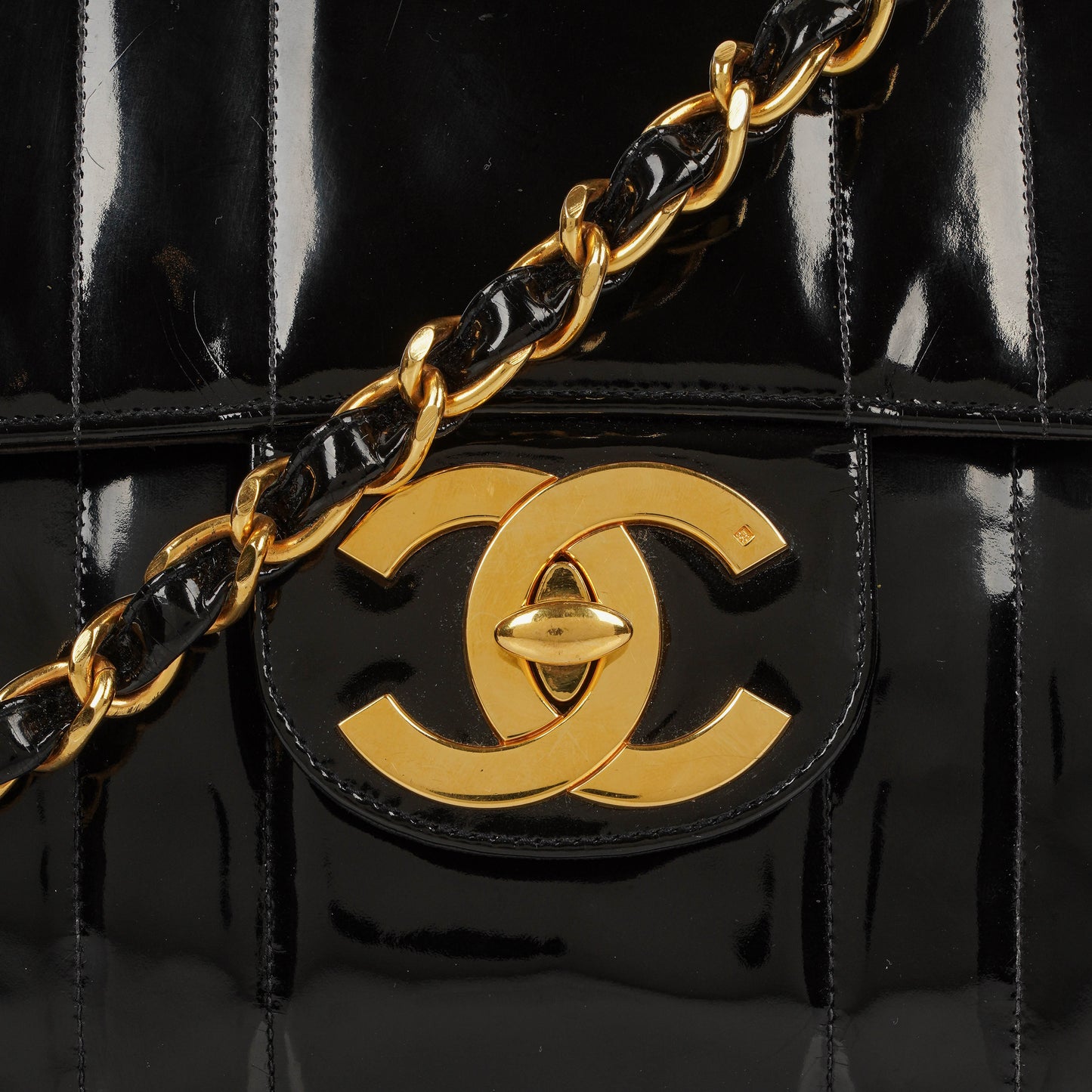 Chanel Jumbo CC Vertical Black Quilted Patent Leather Flap Bag 24K Gold-Plated Hardware