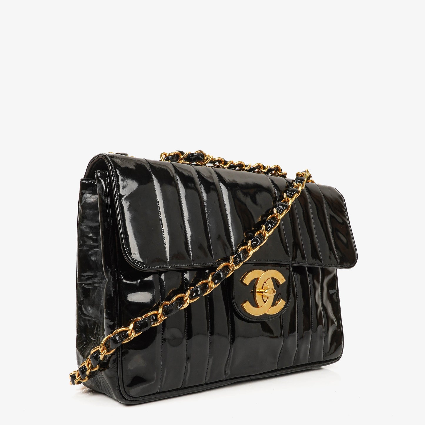 Chanel Jumbo CC Vertical Black Quilted Patent Leather Flap Bag 24K Gold-Plated Hardware