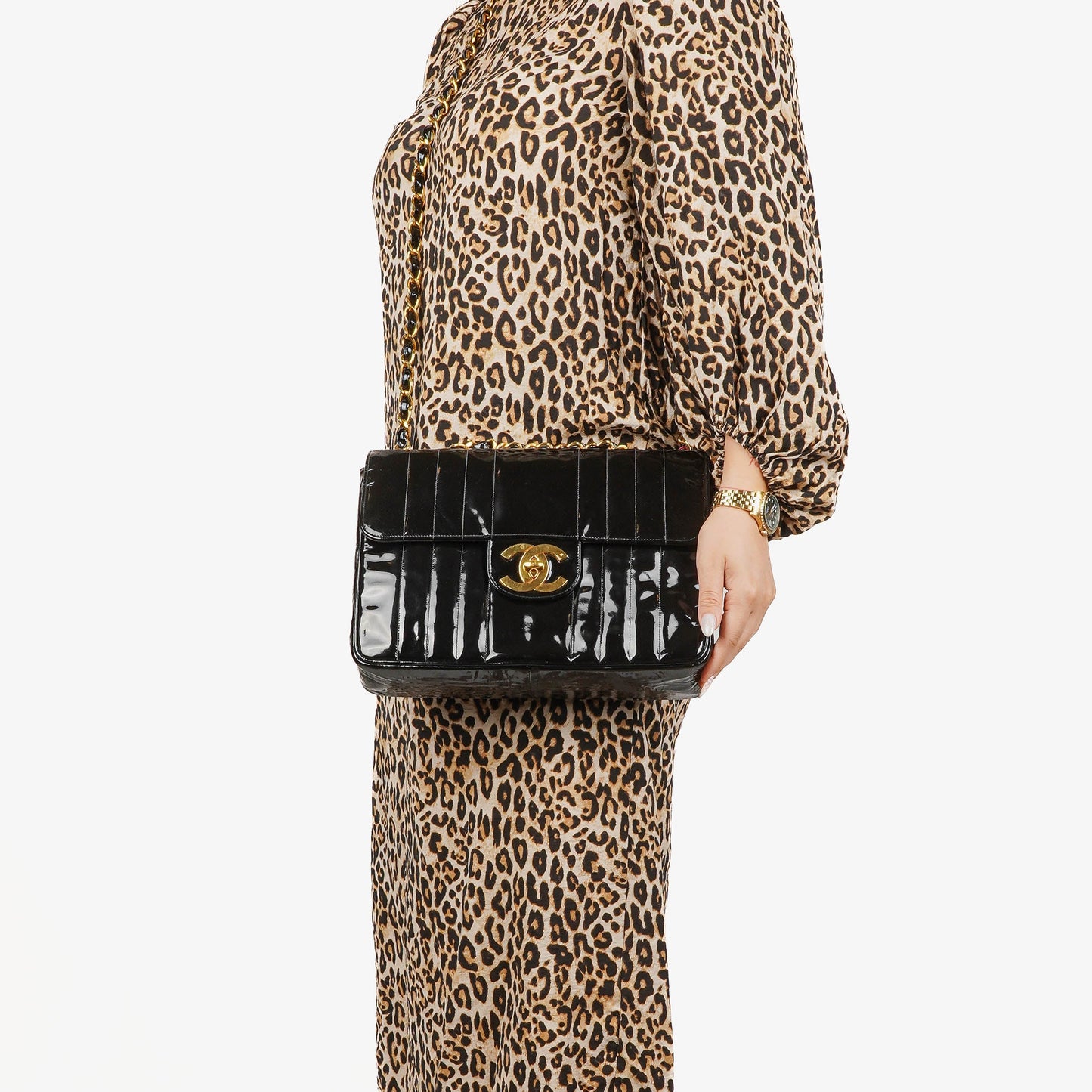 Chanel Jumbo CC Vertical Black Quilted Patent Leather Flap Bag 24K Gold-Plated Hardware
