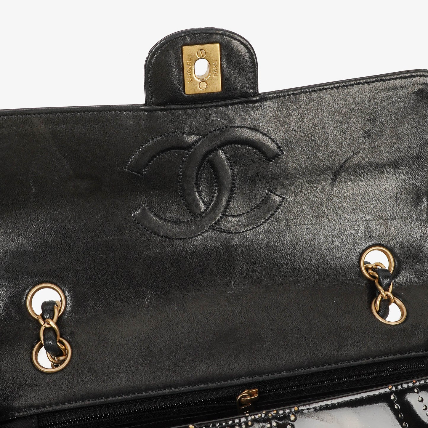Chanel Camellia Perforated Black Patent Leather Flap Bag