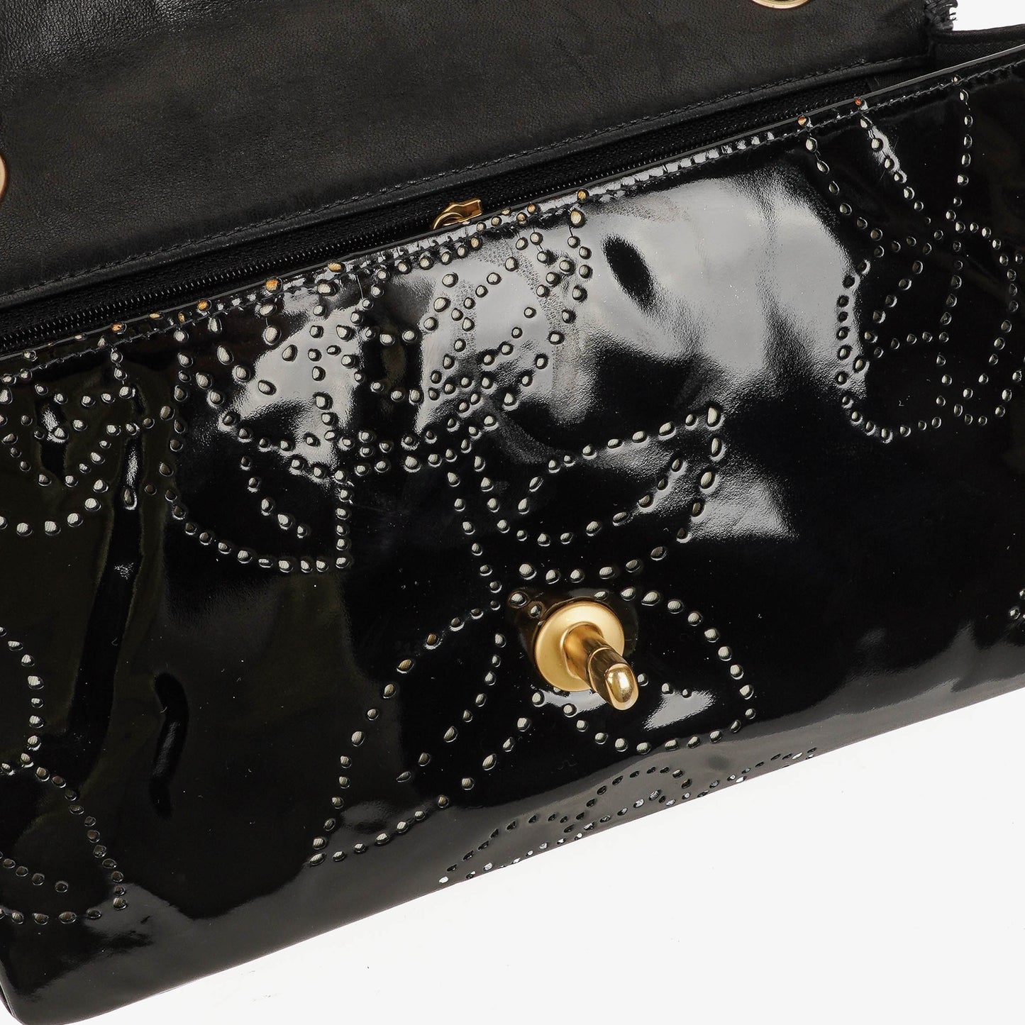 Chanel Camellia Perforated Black Patent Leather Flap Bag