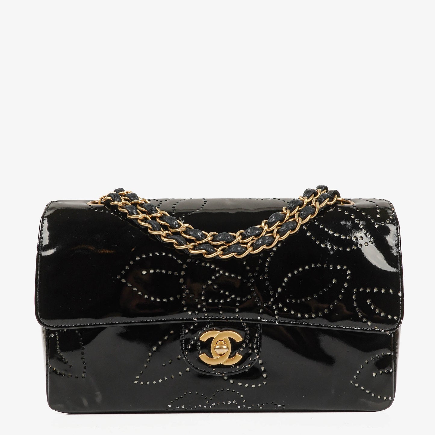 Chanel Camellia Perforated Black Patent Leather Flap Bag