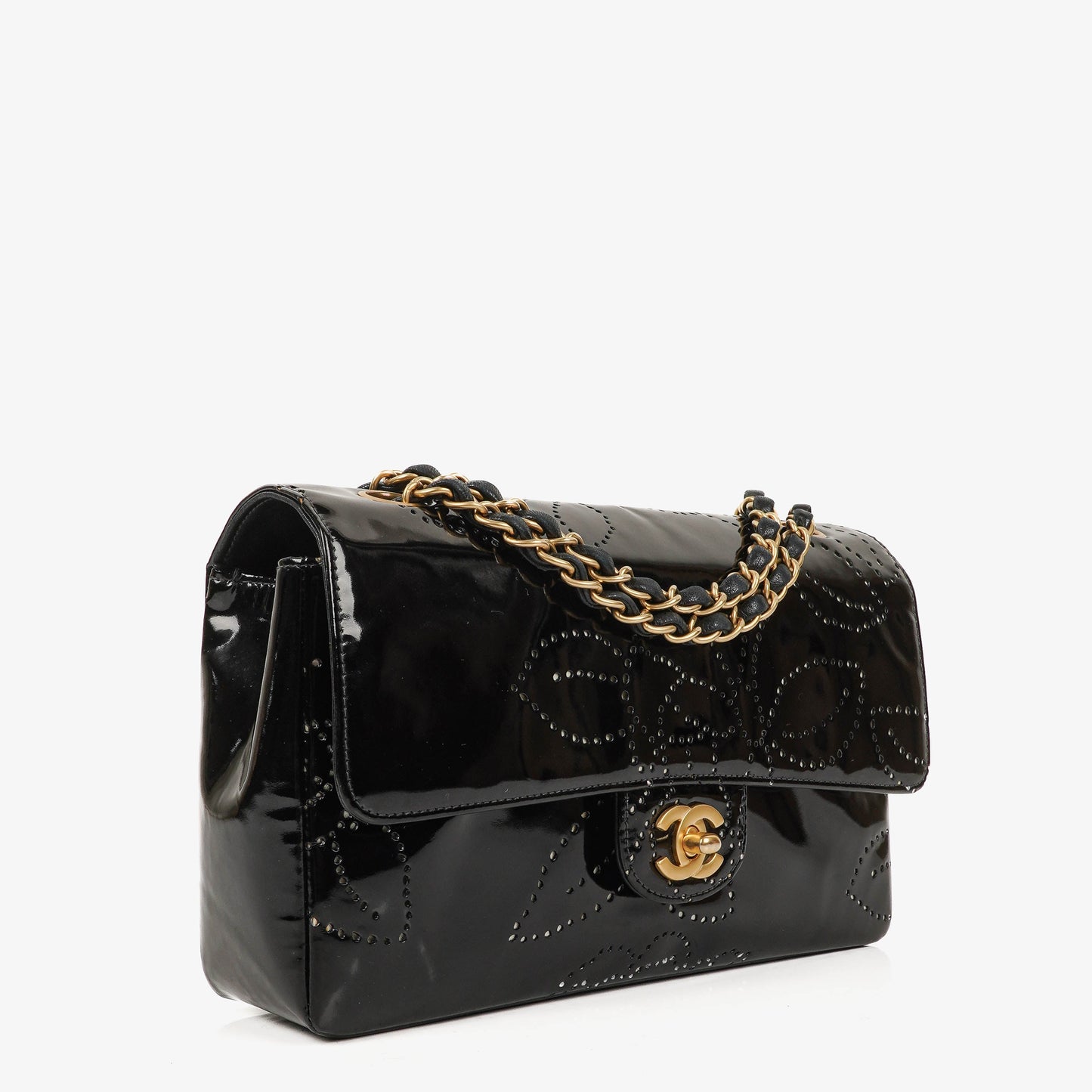 Chanel Camellia Perforated Black Patent Leather Flap Bag