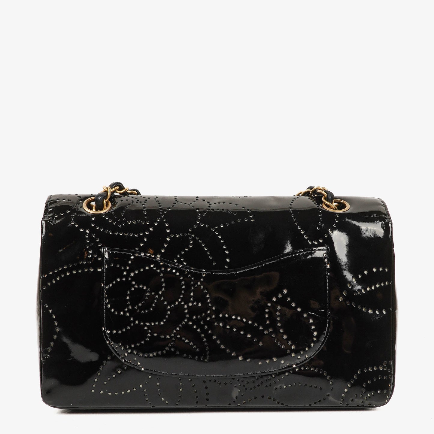 Chanel Camellia Perforated Black Patent Leather Flap Bag