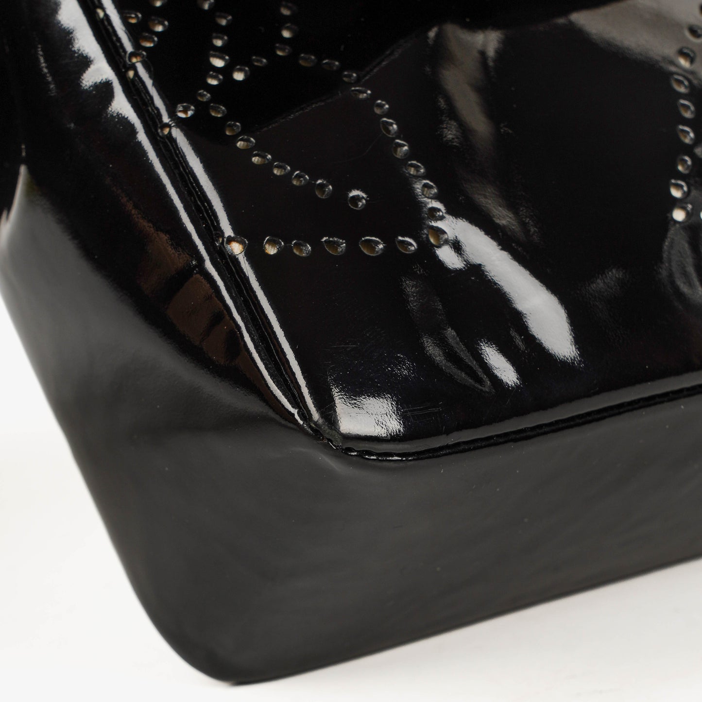 Chanel Camellia Perforated Black Patent Leather Flap Bag