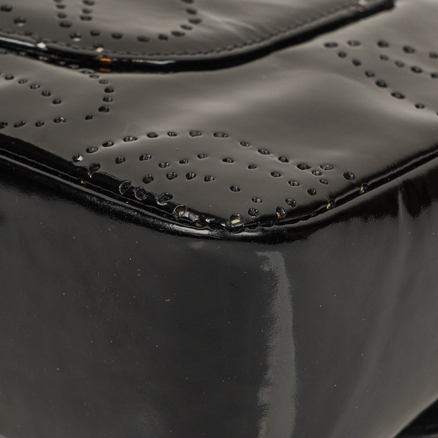 Chanel Camellia Perforated Black Patent Leather Flap Bag