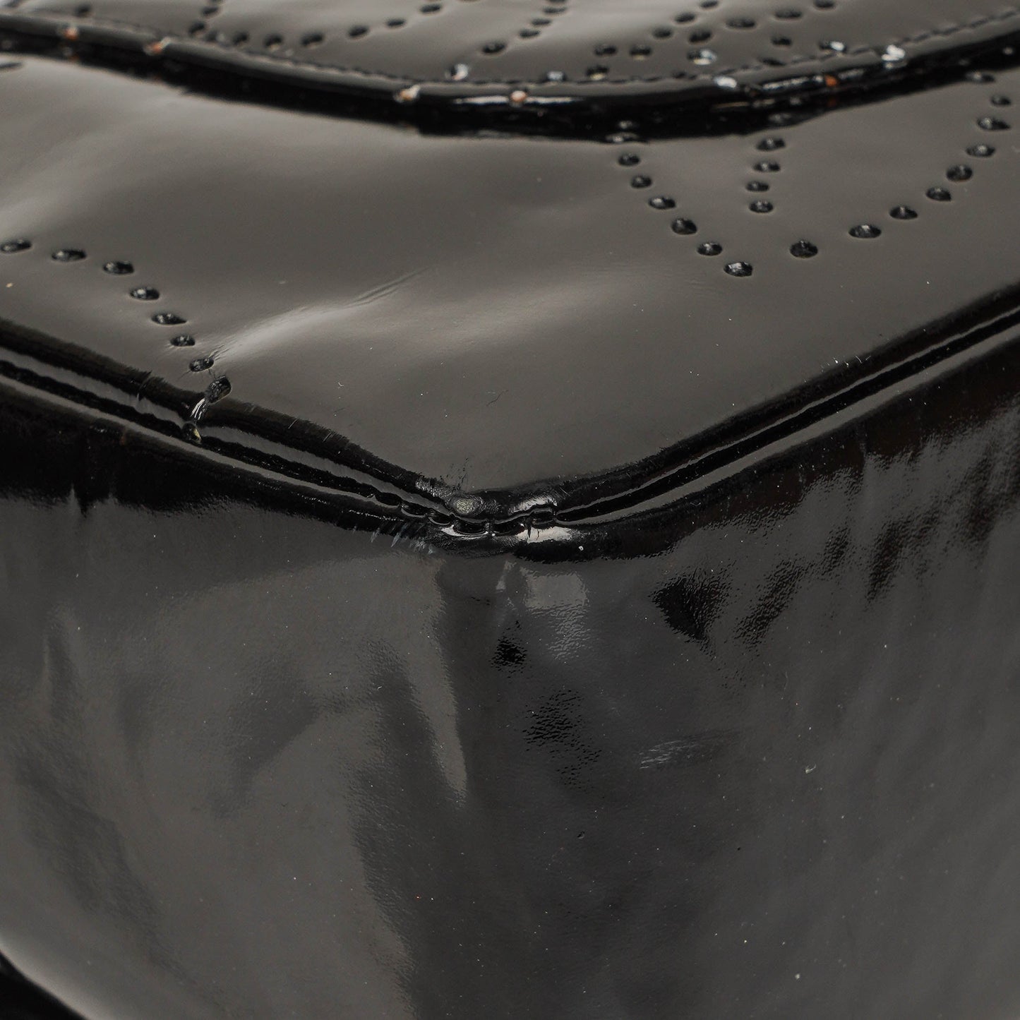 Chanel Camellia Perforated Black Patent Leather Flap Bag