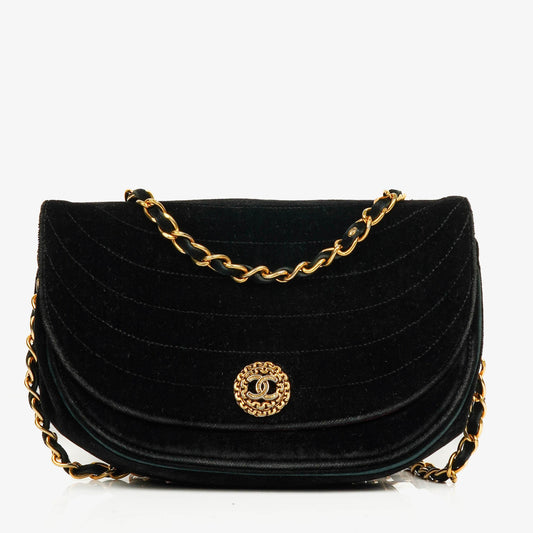 Chanel Black Velvet Half Moon Shoulder Bag