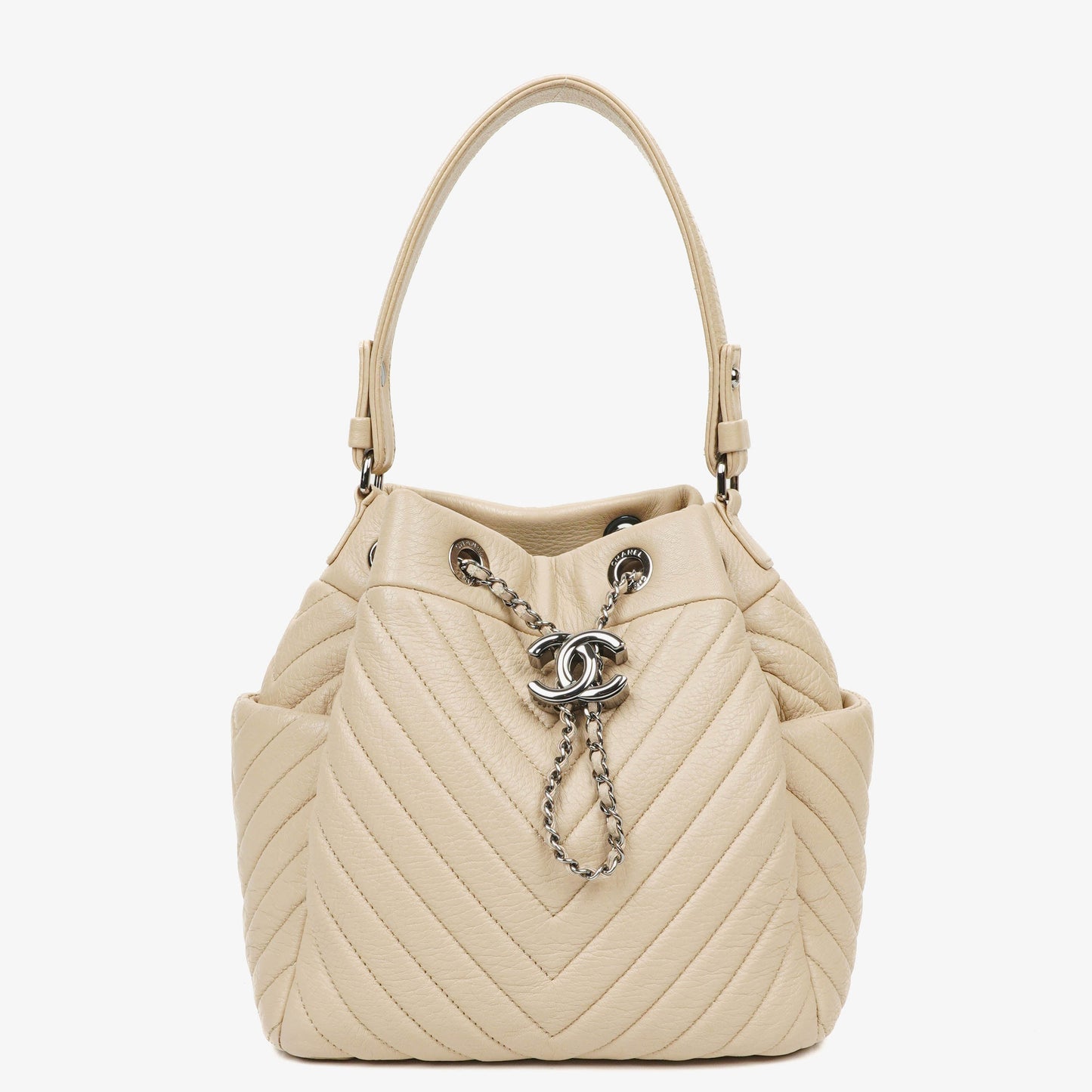 Chanel CC Chain Bucket Small Beige Deerskin Chevron Bag