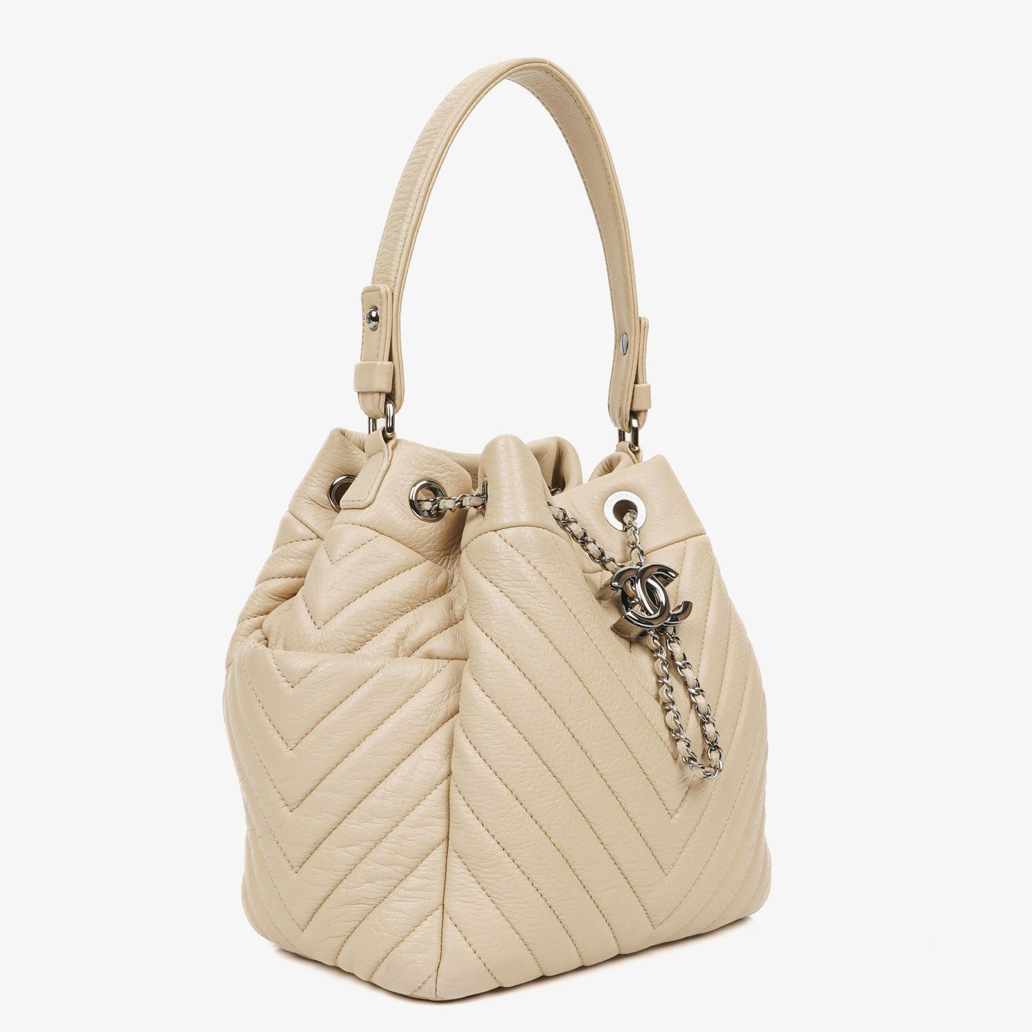 Chanel CC Chain Bucket Small Beige Deerskin Chevron Bag