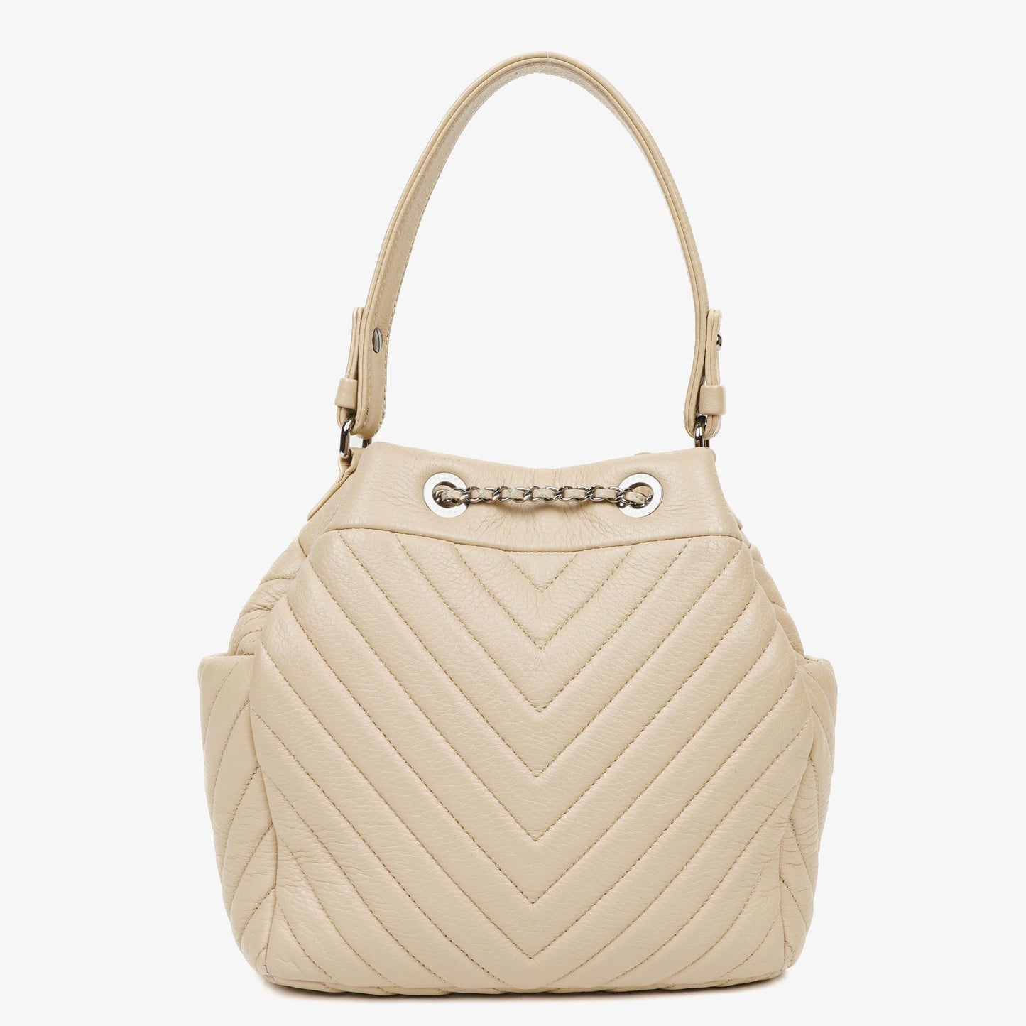 Chanel CC Chain Bucket Small Beige Deerskin Chevron Bag