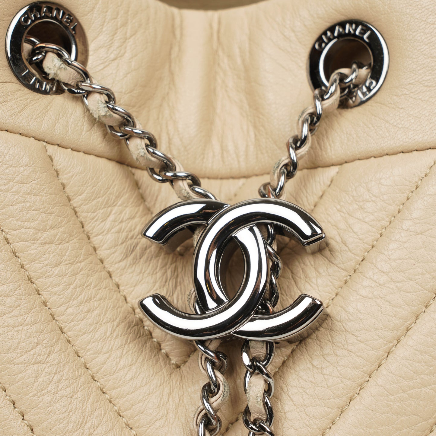 Chanel CC Chain Bucket Small Beige Deerskin Chevron Bag