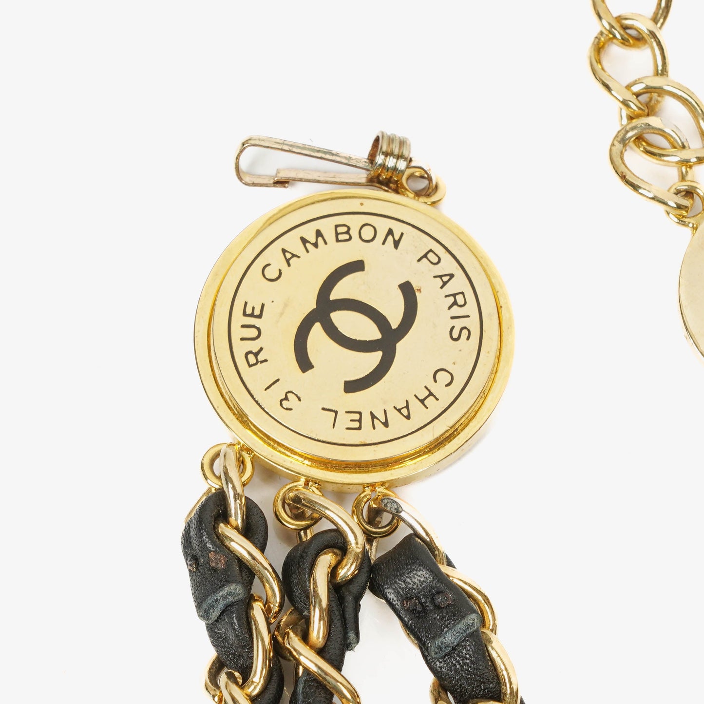 Chanel Gold Chain And Black Leather Coin Belt