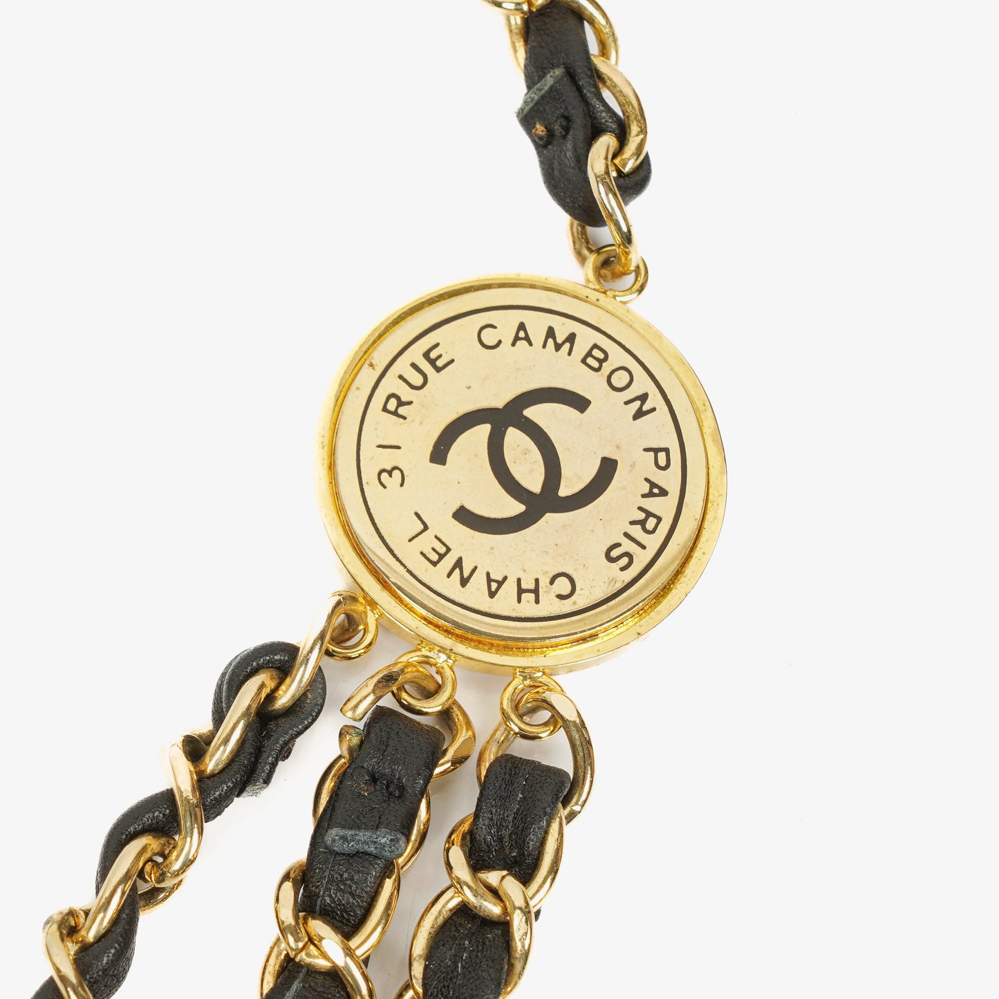 Chanel Gold Chain And Black Leather Coin Belt