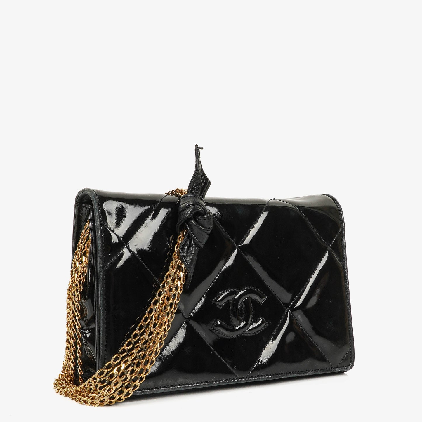 Chanel CC Black Patent Leather Multi Chain Shoulder Bag