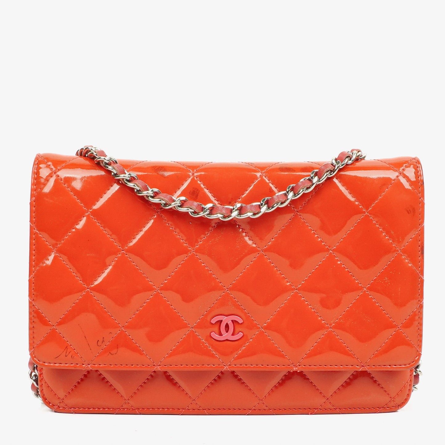 Chanel Wallet On Chain WOC Orange Quilted Patent Leather With Pink CC Logo And Silver Hardware