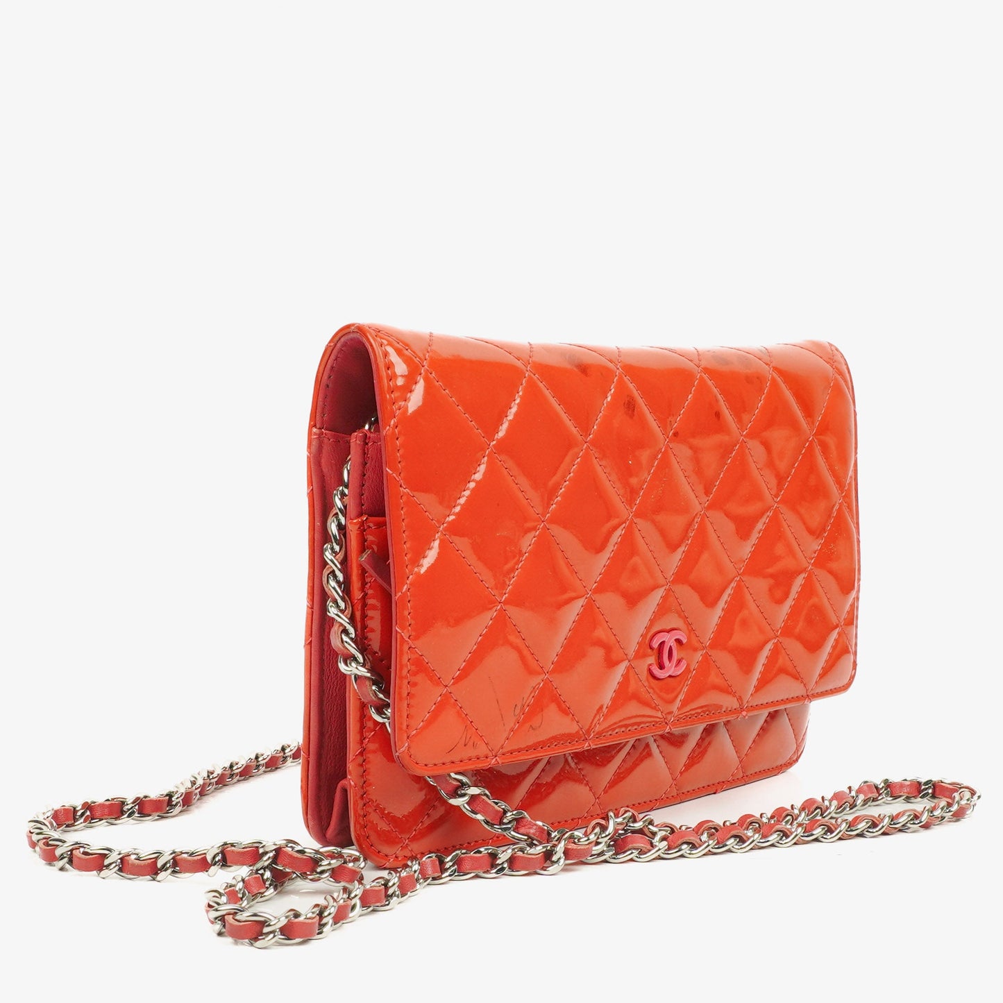 Chanel Wallet On Chain WOC Orange Quilted Patent Leather With Pink CC Logo And Silver Hardware