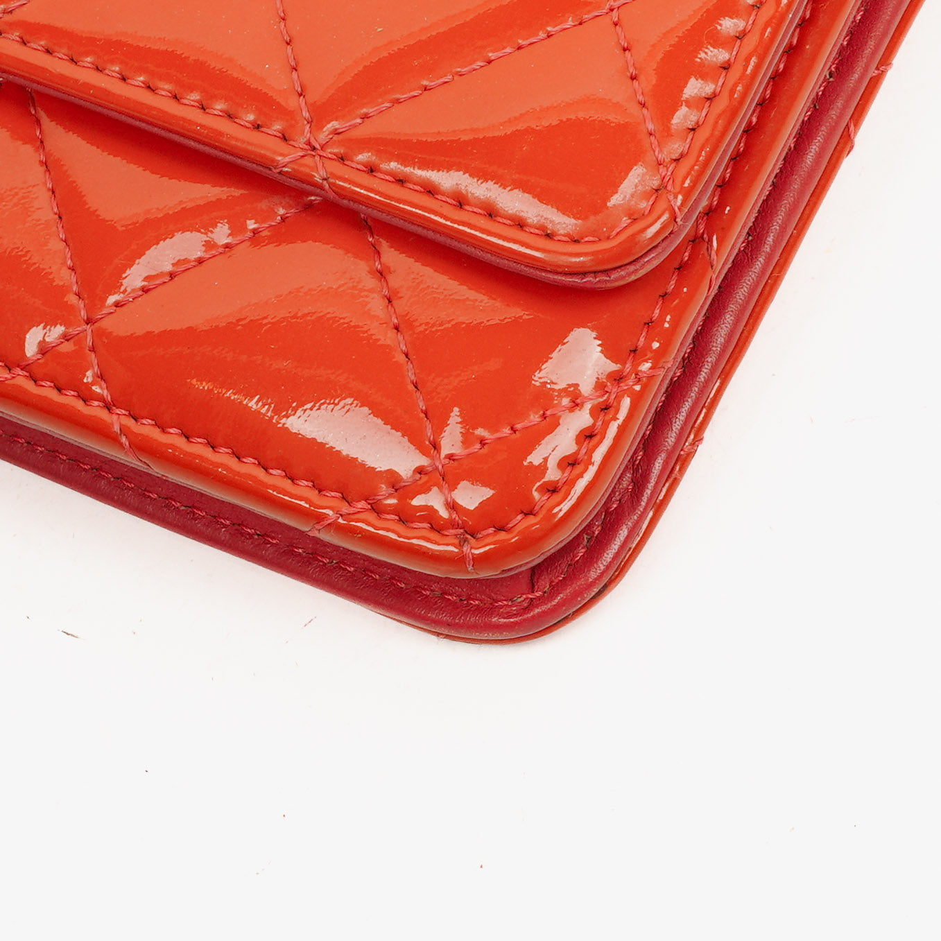 Chanel Wallet On Chain WOC Orange Quilted Patent Leather With Pink CC Logo And Silver Hardware
