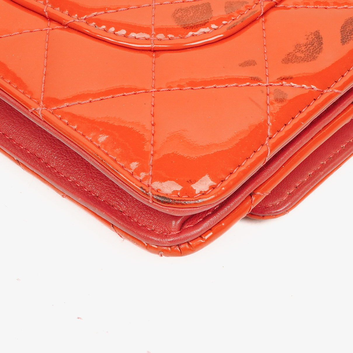 Chanel Wallet On Chain WOC Orange Quilted Patent Leather With Pink CC Logo And Silver Hardware