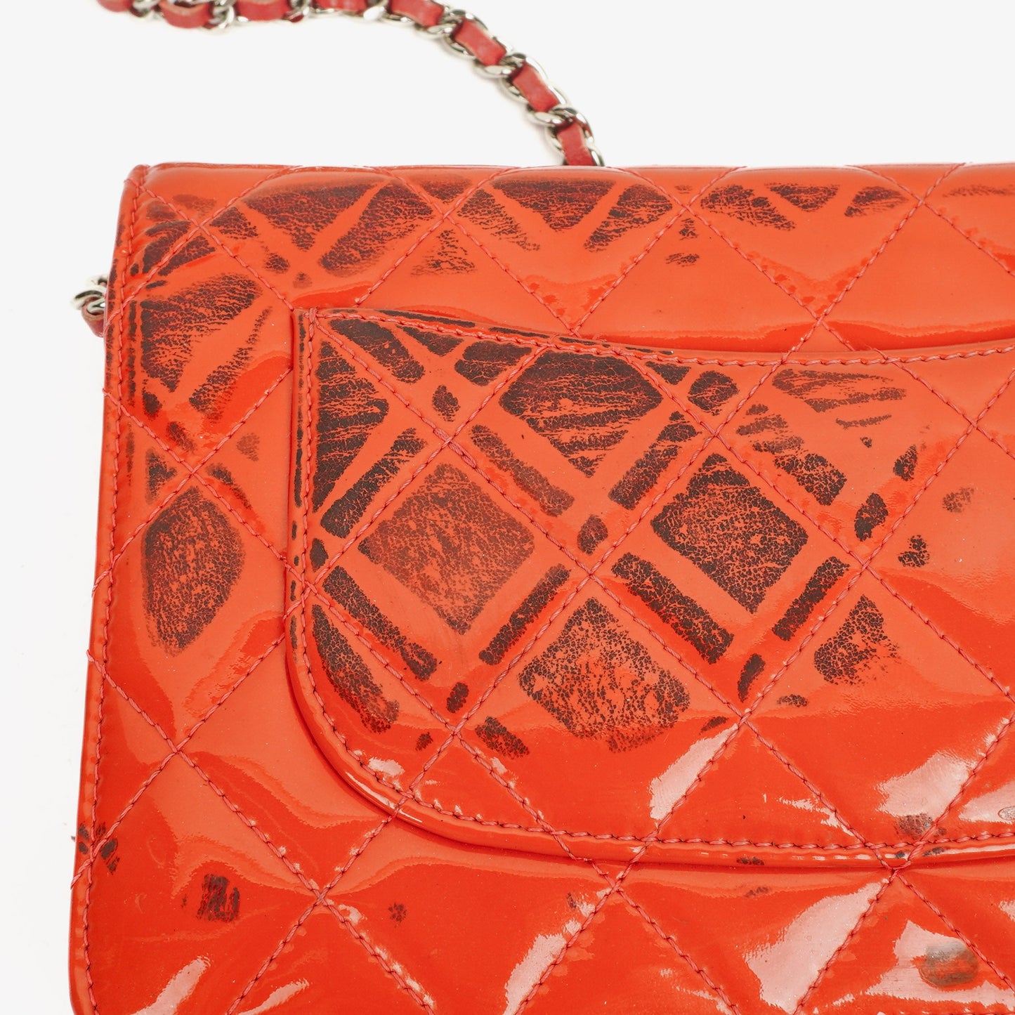 Chanel Wallet On Chain WOC Orange Quilted Patent Leather With Pink CC Logo And Silver Hardware
