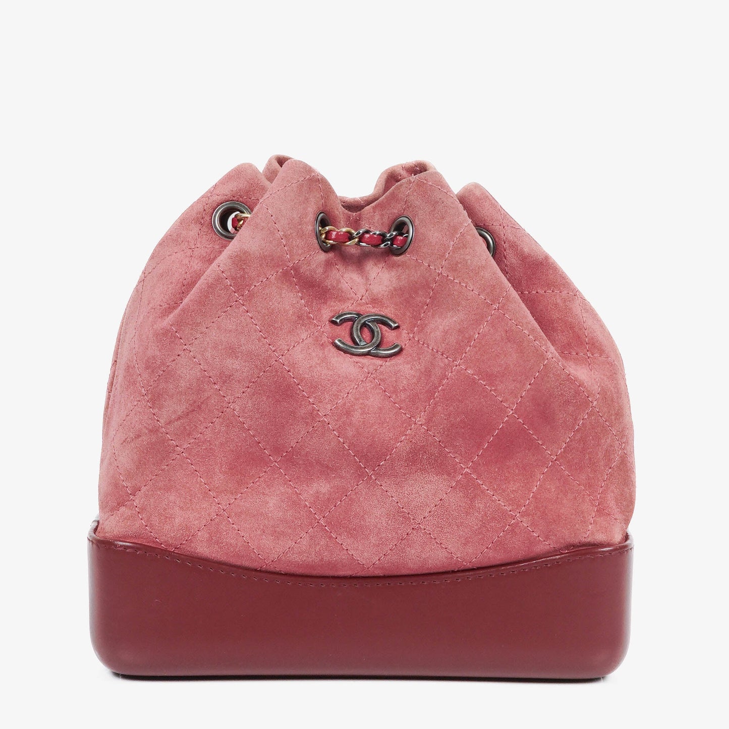 Chanel Quilted Suede Small Gabrielle Bucket Bag With Gold-Tone, Silver And Aged Silver Hardware