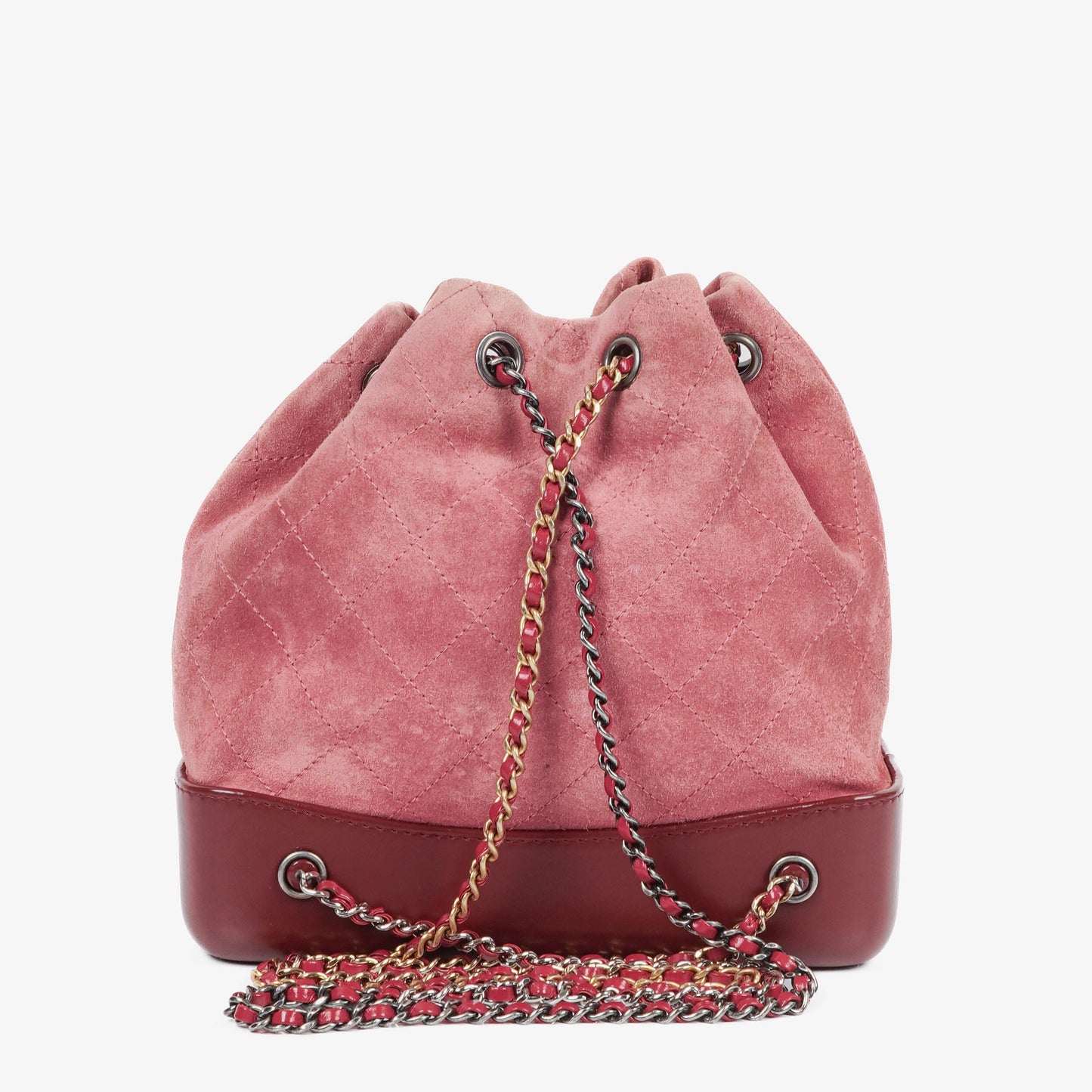 Chanel Quilted Suede Small Gabrielle Bucket Bag With Gold-Tone, Silver And Aged Silver Hardware