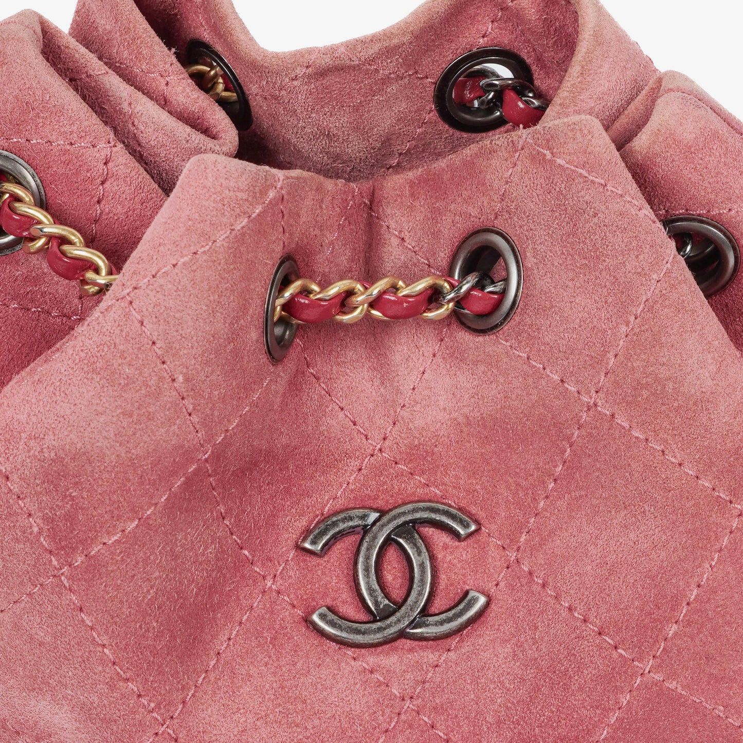 Chanel Quilted Suede Small Gabrielle Bucket Bag With Gold-Tone, Silver And Aged Silver Hardware
